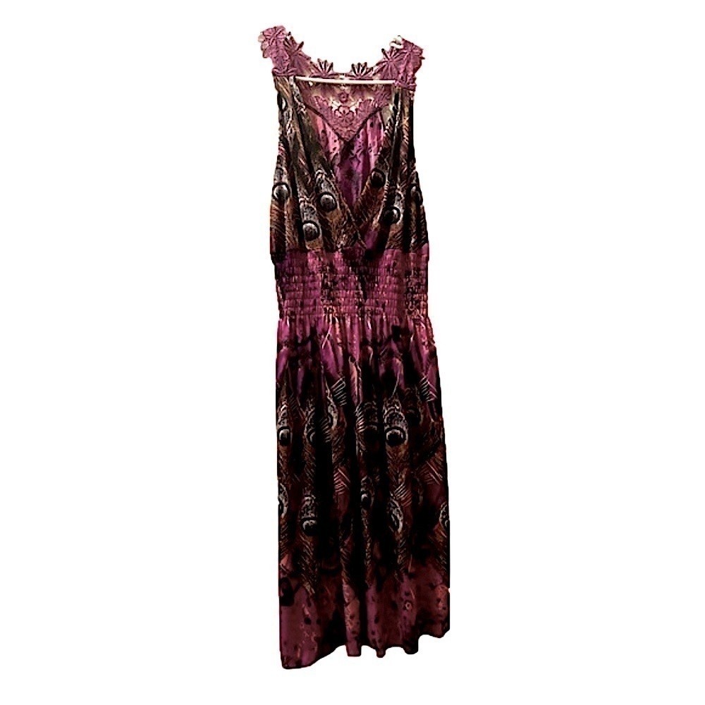 Peacock print purple flowy summer dress. Size XL